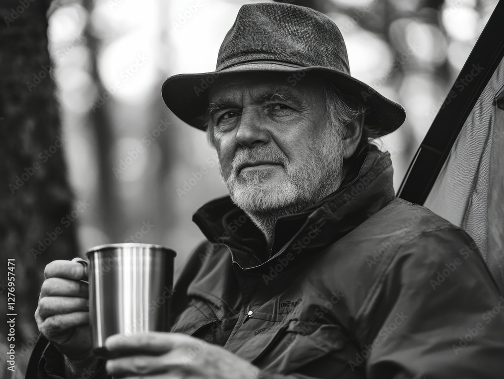 A man with a beard, sitting on a bench and holding a cup of coffee. A man with a beard, sitting on a bench and holding a cup of coffee.
