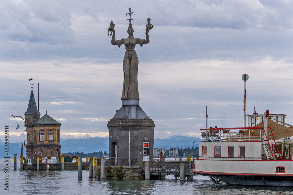 Fototapeta premium Imperia Statue and the pier of Konstanz harbor, Bodensee, Lake Constance, Germany 