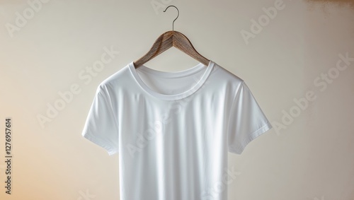 Simple White T-shirt Mockup on a Wooden Hanger photo