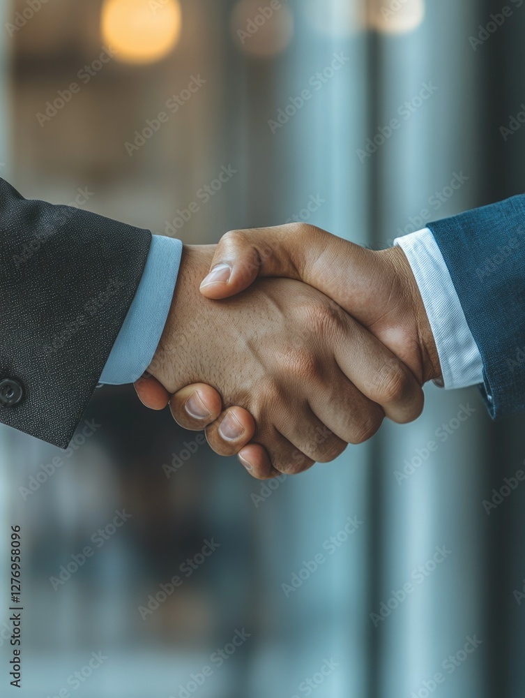 Business professionals shaking hands, symbolizing a contract or partnership.