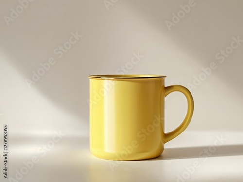 Round bright yellow mug with classic rim - traditional shape for a comforting and familiar drink. photo