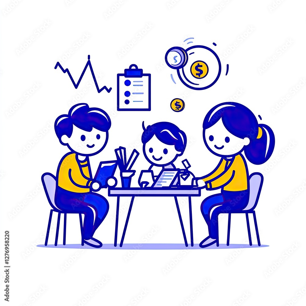 Fototapeta premium Business team working at the table on a project, graph, checklist, coins, and vector illustration