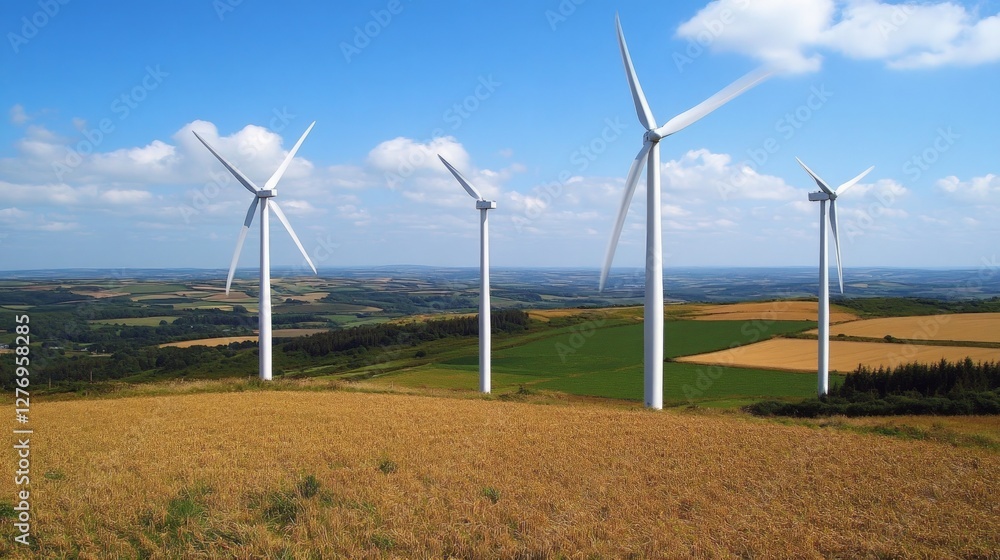 Expansive Landscape with Wind Turbines Under Bright Blue Sky Expansive Landscape with Wind Turbines Under Bright Blue Sky