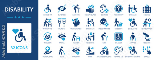 Disability icon set. Disabled people, blind, wheelchair, deafness, blindness, mental illness, crutches.
