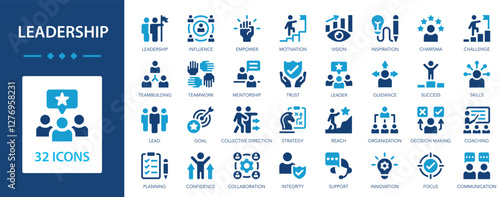 Leadership icon set. Leader, delegation, control, coaching, vision, influence, responsibility.