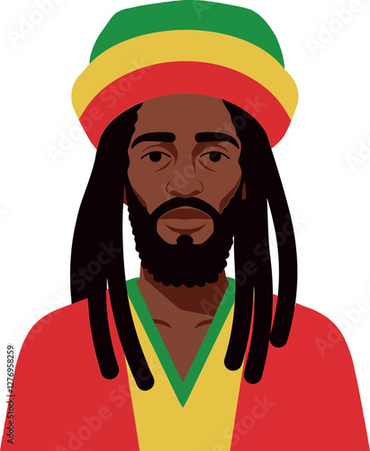 A man with dreadlocks wearing a colorful reggae hat and red attire in a flat design vector illustration