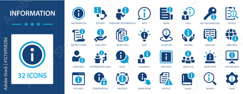 Information icon set. Info, support, manual, guide, inform, rule, instructions, help.