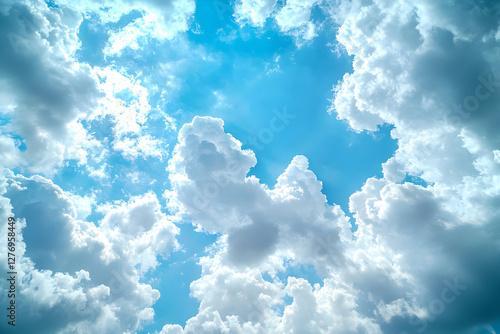 Bright blue sky with fluffy white clouds during daytime illuminating a peaceful atmosphere