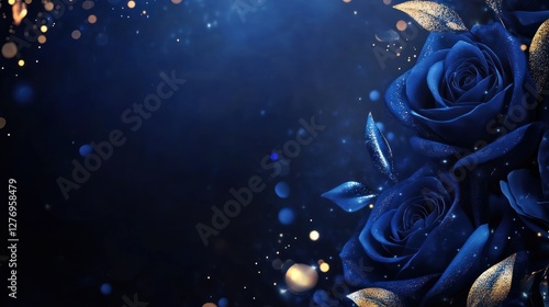 Elegant deep blue roses with golden accents on a dark background © luck