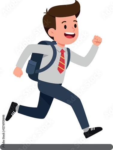 Energetic schoolboy in formal attire joyfully running with a backpack in a flat vector illustration