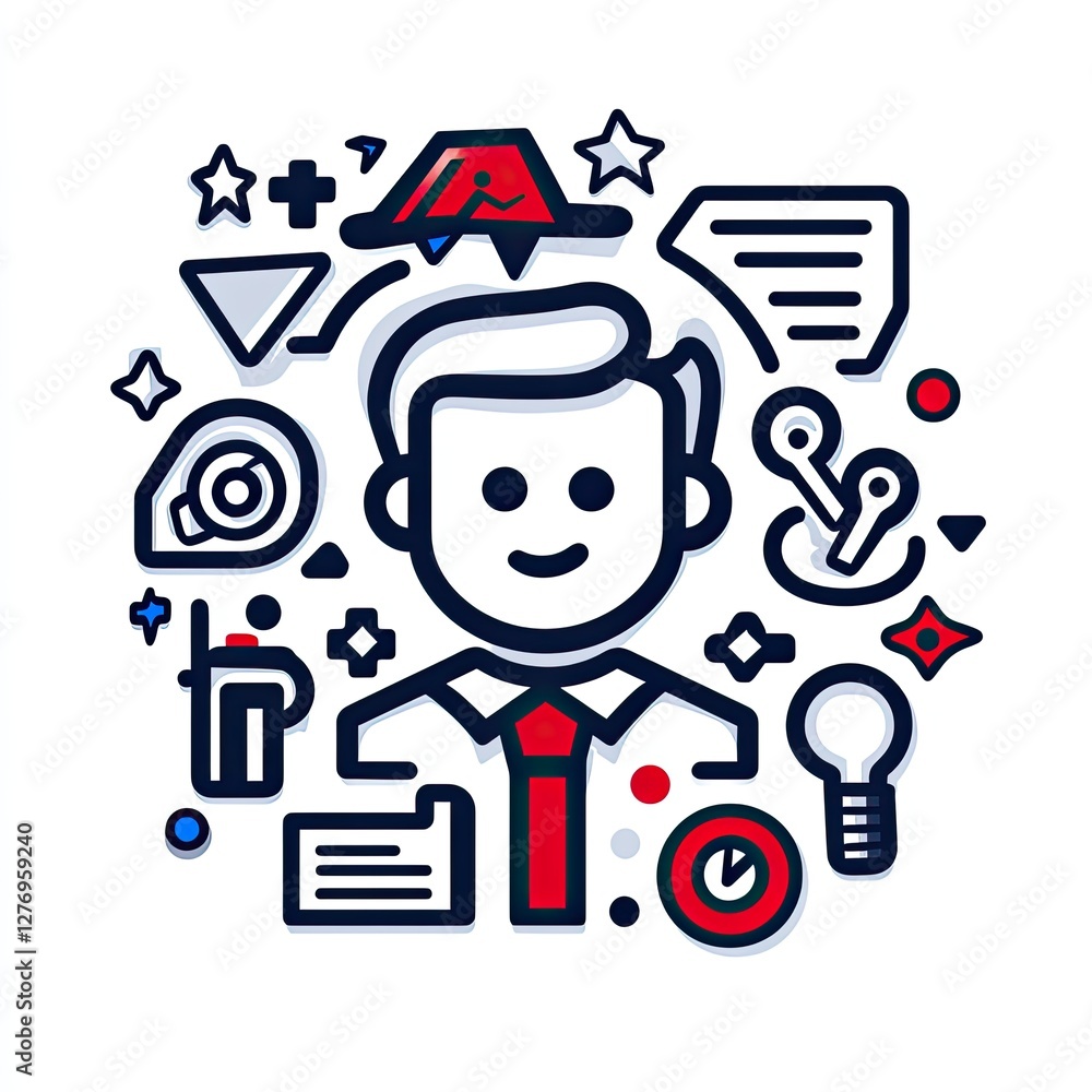 Cartoon businessman stands centered, surrounded by icons depicting business tasks and concepts Cartoon businessman stands centered, surrounded by icons depicting business tasks and concepts