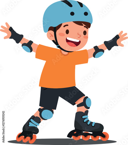 A joyful boy in an orange t-shirt and blue helmet skating on rollerblades in a vibrant and playful flat vector illustration