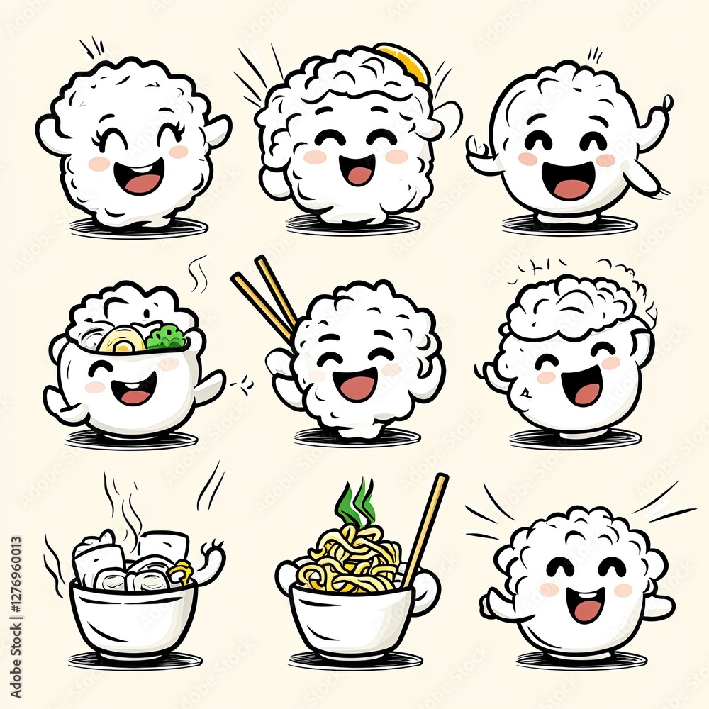 Fototapeta premium Cartoon dumplings expressing emotions. Food concept image for cooking class or menu design