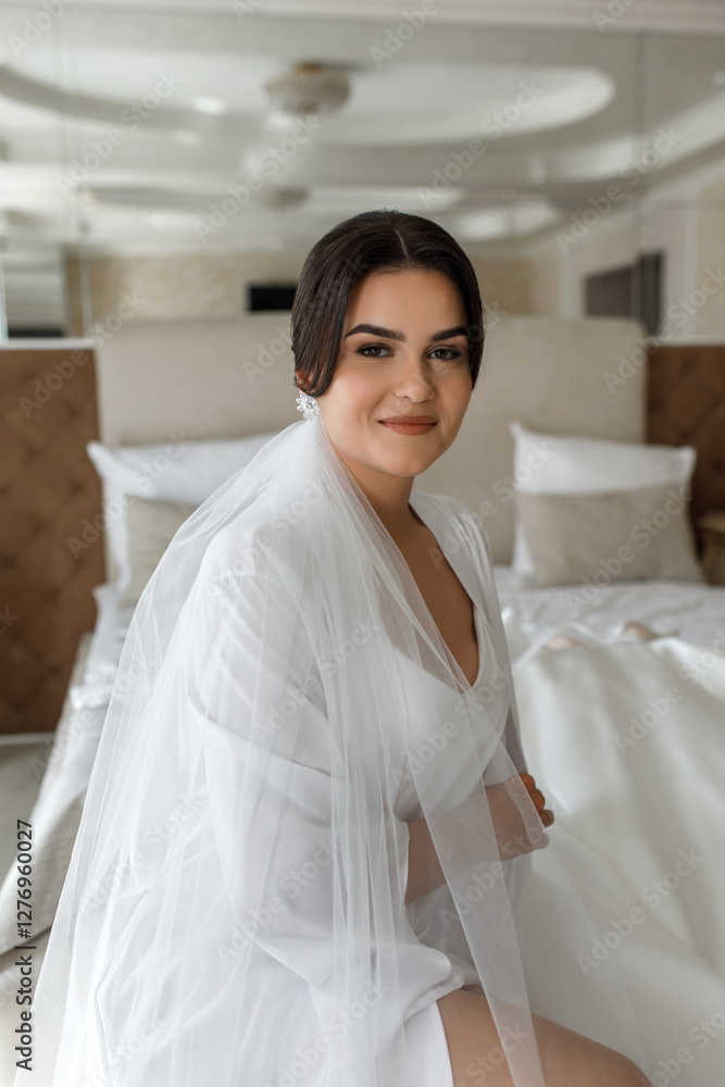 the bride smiles and crosses her arms over her chest. In the background is a wall with patterned wallpaper in beige and gold tones. the bride smiles and crosses her arms over her chest. In the background is a wall with patterned wallpaper in beige and gold tones.