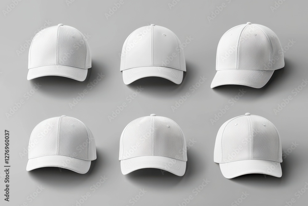 Collection of white baseball caps in various angles showcasing realistic fabric texture with minimal branding on light grey background Collection of white baseball caps in various angles showcasing realistic fabric texture with minimal branding on light grey background