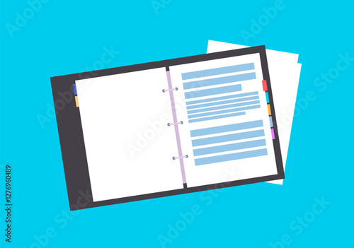 Plastic folder with opening spring. Stationery for office, work and study. Folded documents or materials for training. Sheets with stickers markers. Flat cartoon vector illustration.