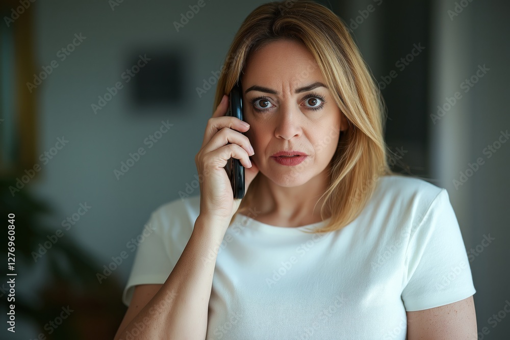 Upset woman holding cell phone, expressing concern and frustration in a chaotic environment during an unknown situation Upset woman holding cell phone, expressing concern and frustration in a chaotic environment during an unknown situation