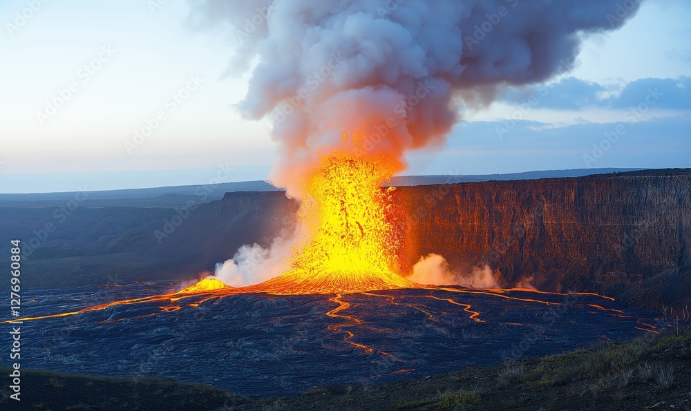 An explosive eruption releases a massive column of ash and lava, illuminating the caldera at Kilauea in Hawaii during sunset An explosive eruption releases a massive column of ash and lava, illuminating the caldera at Kilauea in Hawaii during sunset