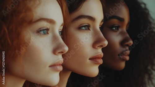 Vivid eyes and diverse shades in a close-up portrait of four people. photo