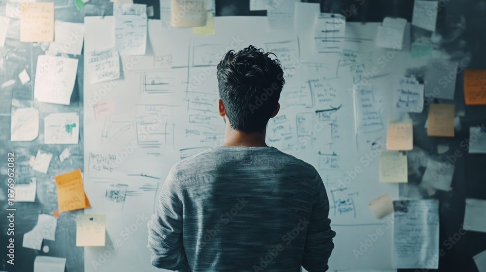 A young entrepreneur in casual attire brainstorming on a whiteboard A young entrepreneur in casual attire brainstorming on a whiteboard