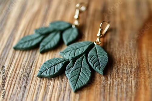 Handmade polymer clay earrings featuring green leaves on a wooden background.