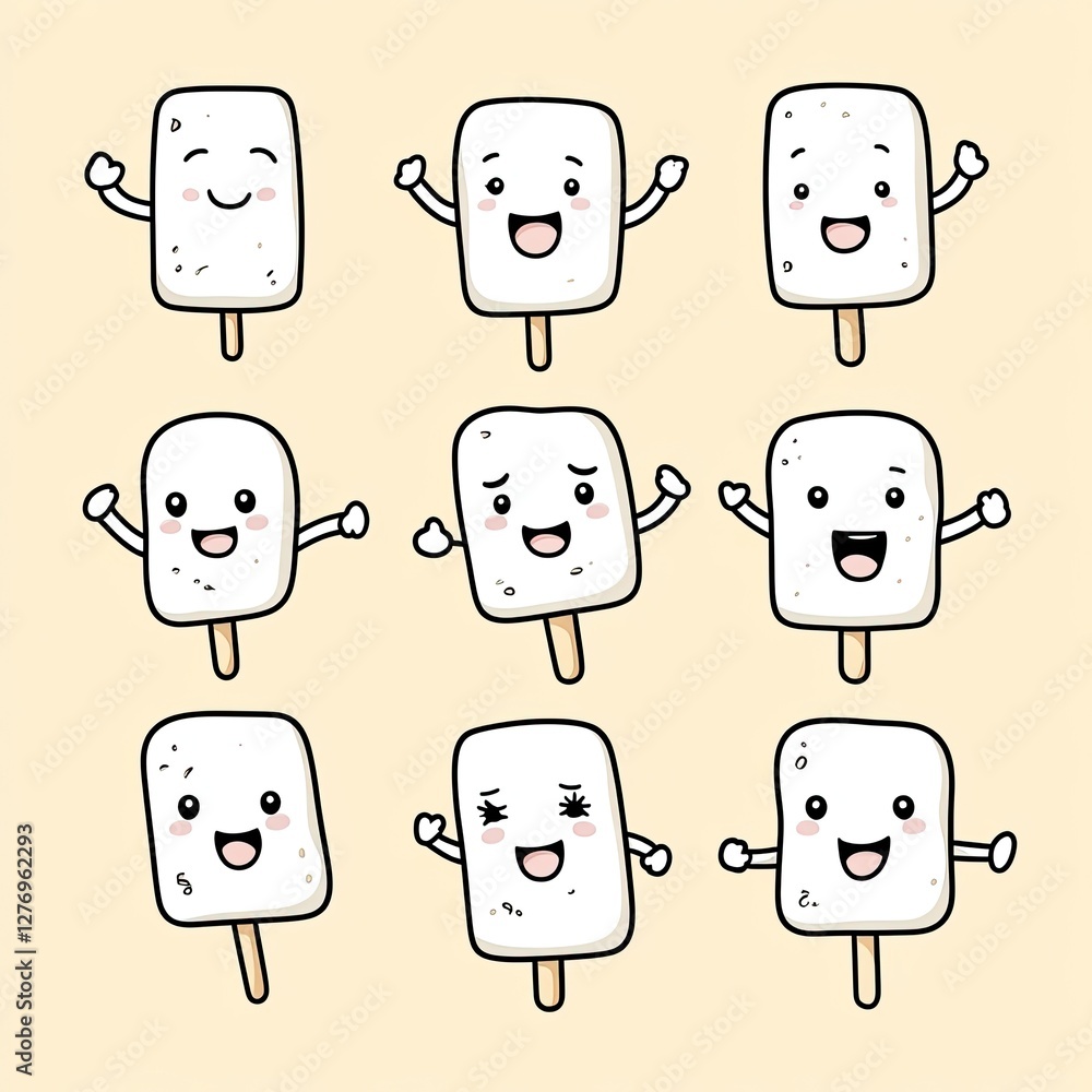Obraz premium Cheerful popsicles with happy faces and raised arms on a plain background for children's illustration