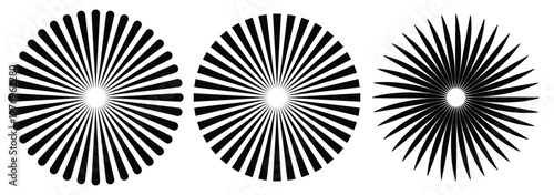 Radial circle lines. Circular lines elements. Symbol of Sun star rays. Flat design elements. Spokes with radiating stripes. Abstract illusion geometric shapes. Circular radiating lines. EPS 10