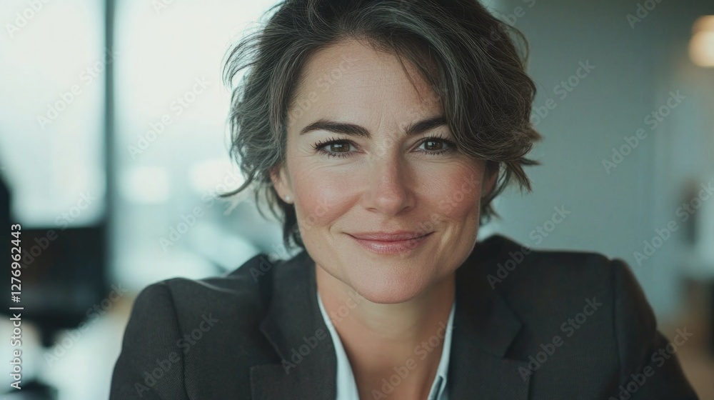 Professional portrait of a smiling woman in suit, exuding confidence and success, set against office background for corporate headshot usage. Professional portrait of a smiling woman in suit, exuding confidence and success, set against office background for corporate headshot usage.