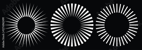 Radial circle lines. Circular lines elements. Symbol of Sun star rays. Flat design elements. Spokes with radiating stripes. Abstract illusion geometric shapes. Circular radiating lines. EPS 10