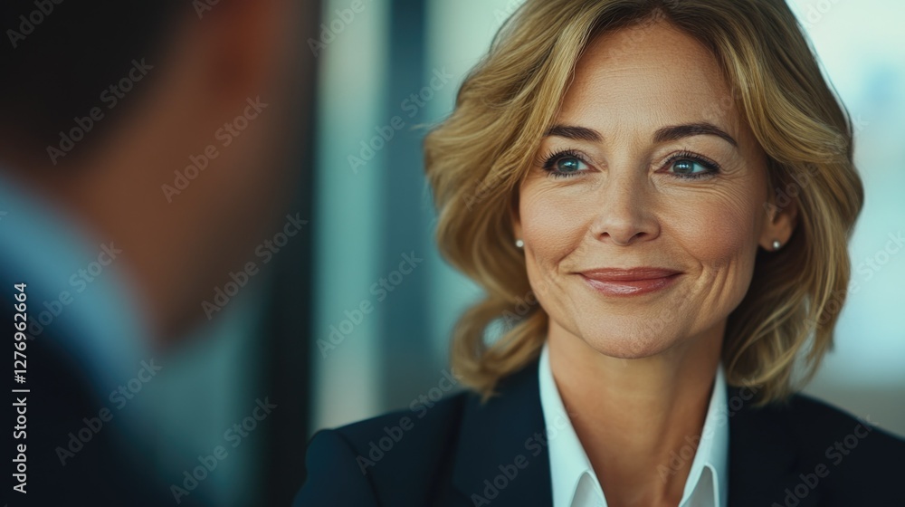 Confident woman wearing a suit and tie, smiling at her colleague. Confident woman wearing a suit and tie, smiling at her colleague.