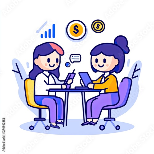 Colleagues discuss finance at desk. Business meeting for company growth with plant background