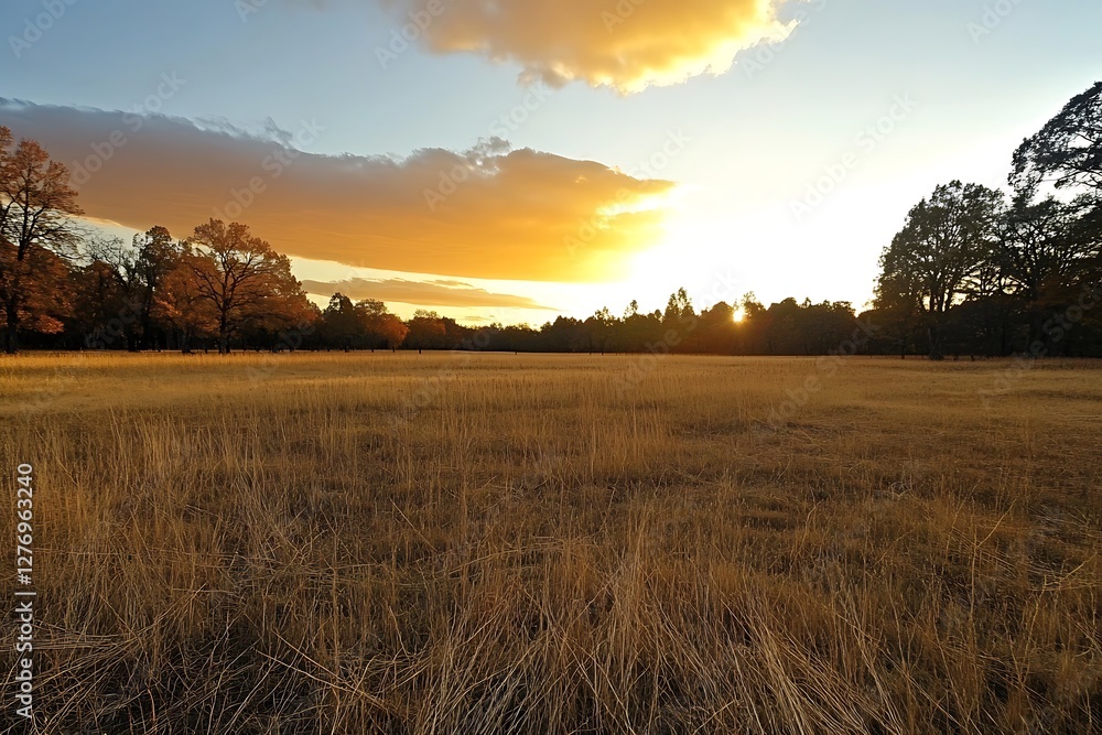 Obraz premium Golden sunset over a field of tall dry grass with silhouetted trees in the distance
