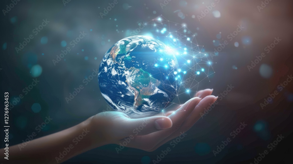 Hand Holding Earth Globe with Digital Network and Galaxy Background Hand Holding Earth Globe with Digital Network and Galaxy Background