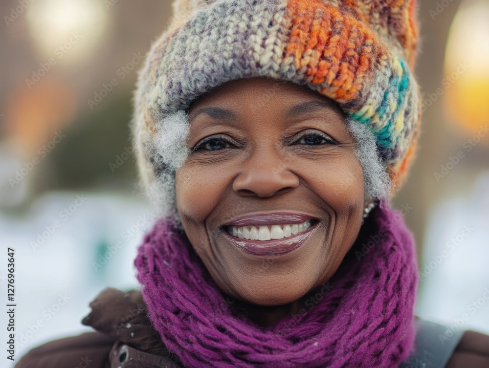 Warm and smiling older woman wearing a colorful scarf against winter weather, exuding joy and warmth. Warm and smiling older woman wearing a colorful scarf against winter weather, exuding joy and warmth.