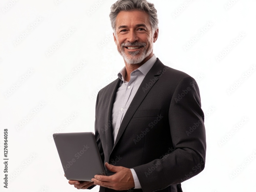 Professional portrait of a man in suit smiling at camera holding tablet Professional portrait of a man in suit smiling at camera holding tablet