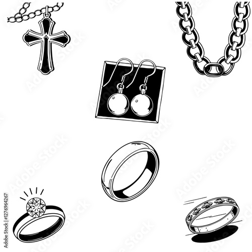 Gold and silver jewelry with jewels, rings, earrings, chains. Set of vector monochrome sketches in line doodle art style