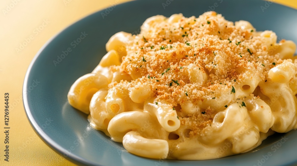 Creamy elbow macaroni in rich cheese sauce and baked breadcrumbs on a blue plate with yellow background Creamy elbow macaroni in rich cheese sauce and baked breadcrumbs on a blue plate with yellow background
