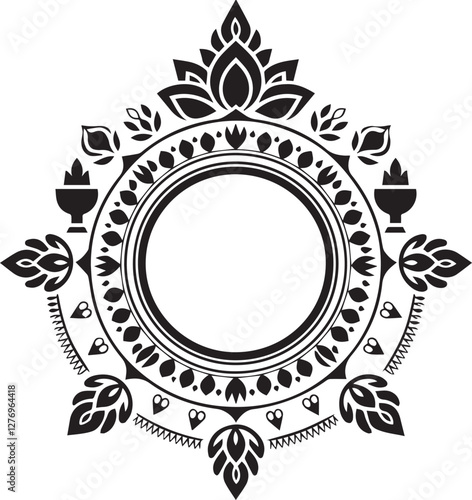 A unique thali frame in silhouette vector style, designed as a circular platter with an open center, surrounded by intricate decorative elements.