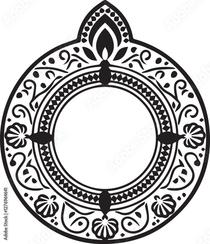 A unique thali frame in silhouette vector style, designed as a circular platter with an open center, surrounded by intricate decorative elements.
