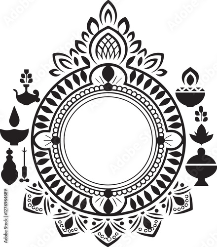 A unique thali frame in silhouette vector style, designed as a circular platter with an open center, surrounded by intricate decorative elements.