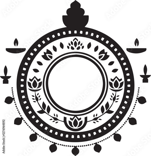 A unique thali frame in silhouette vector style, designed as a circular platter with an open center, surrounded by intricate decorative elements.
