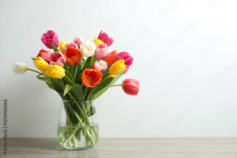 Beautiful fresh tulips in the vase on the table Beautiful fresh tulips in the vase on the table