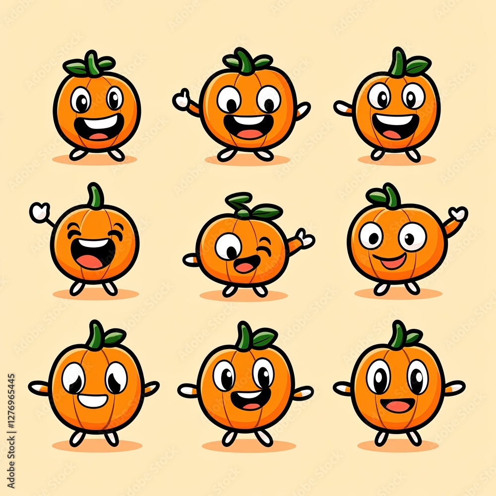 Fototapeta premium Cute pumpkin characters set on beige background