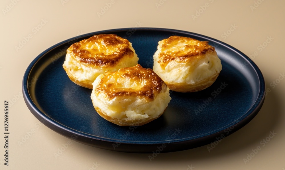 Fluffy Shangi pastries with savory toppings served on a navy blue plate in a warm beige setting Fluffy Shangi pastries with savory toppings served on a navy blue plate in a warm beige setting