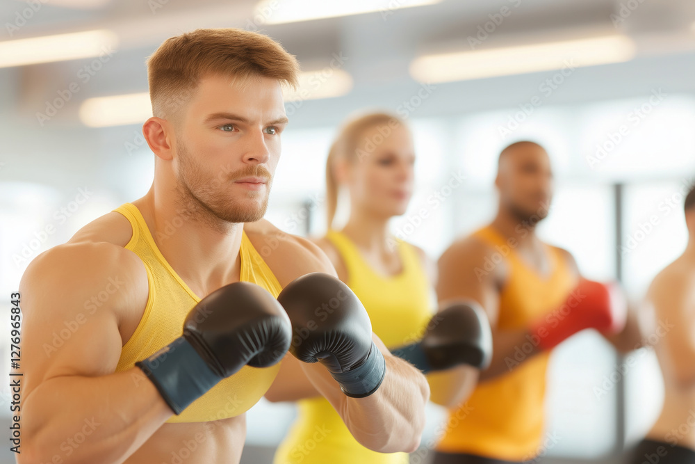 Fototapeta premium Group of fitness enthusiasts practicing boxing techniques in a modern gym setting