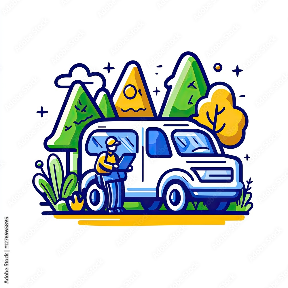 Fototapeta premium Delivery person checks device near van; mountains and nature in the backdrop; ideal for web use