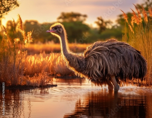 una vella avestruz, de pie en aguas poco profundas entre juncos y totoras, El fondo presenta un paisaje acuático con reflejos dorados de la luz del atardecer en el agua. photo