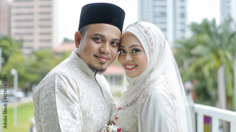 Naklejka premium Happy Couple in Traditional Attire Capturing Joyful Wedding Moments