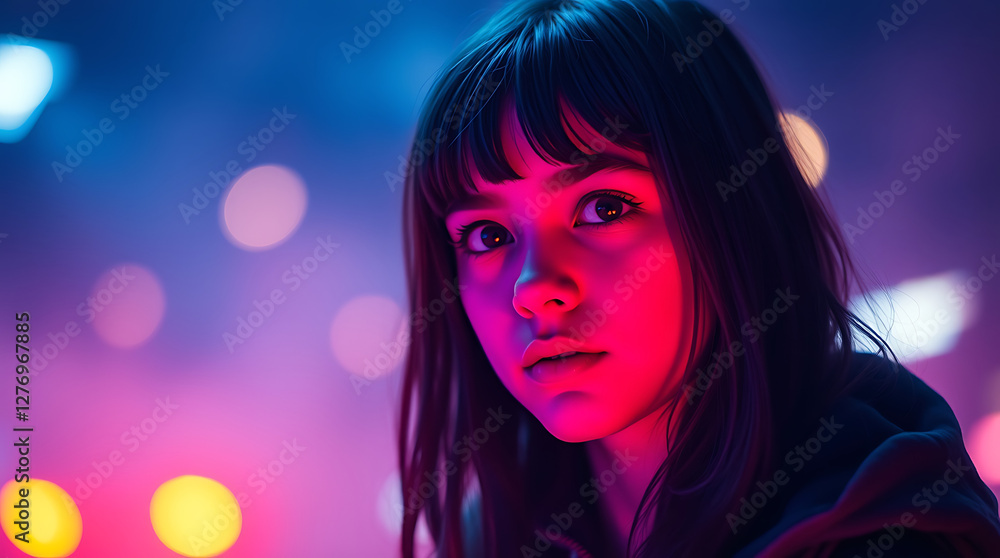 Neon-lit portrait, young woman with bangs, intense gaze, vibrant pink and blue lighting, bokeh background, cyberpunk aesthetic, night city atmosphere, cinematic composition, shallow depth of field, dr Neon-lit portrait, young woman with bangs, intense gaze, vibrant pink and blue lighting, bokeh background, cyberpunk aesthetic, night city atmosphere, cinematic composition, shallow depth of field, dr