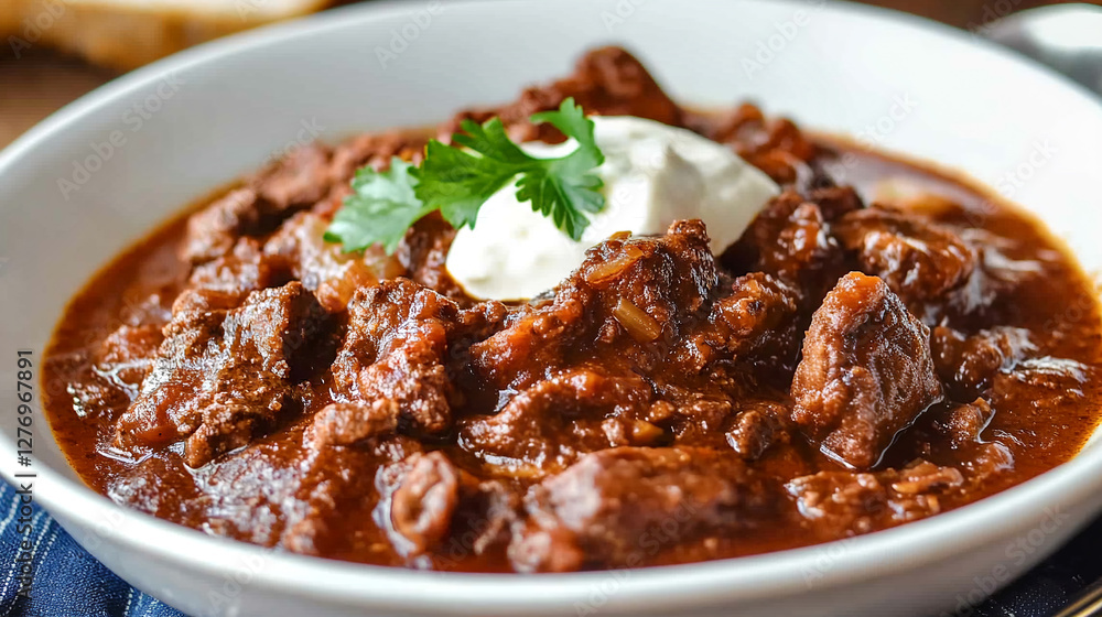 Delicious chile colorado with braised beef in rich red sauce. Traditional Mexican cuisine dish Delicious chile colorado with braised beef in rich red sauce. Traditional Mexican cuisine dish